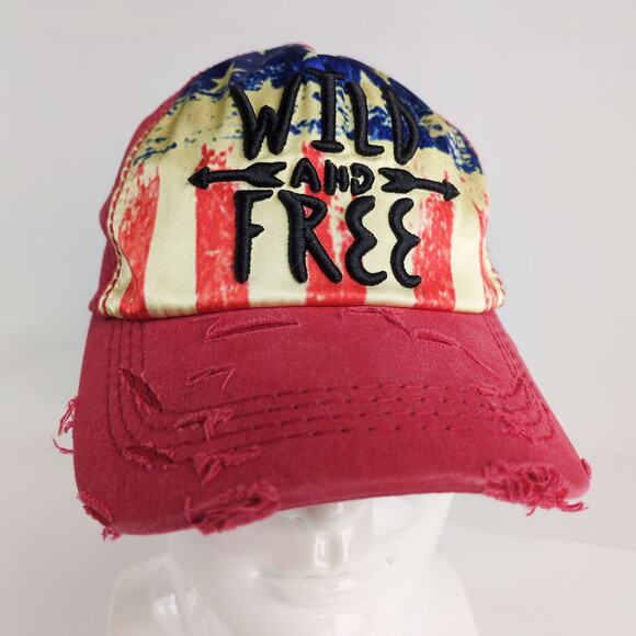Wild And Free American Flag Distressed Red Baseball Hat Ball Cap 4350 District - Picture 2 of 7